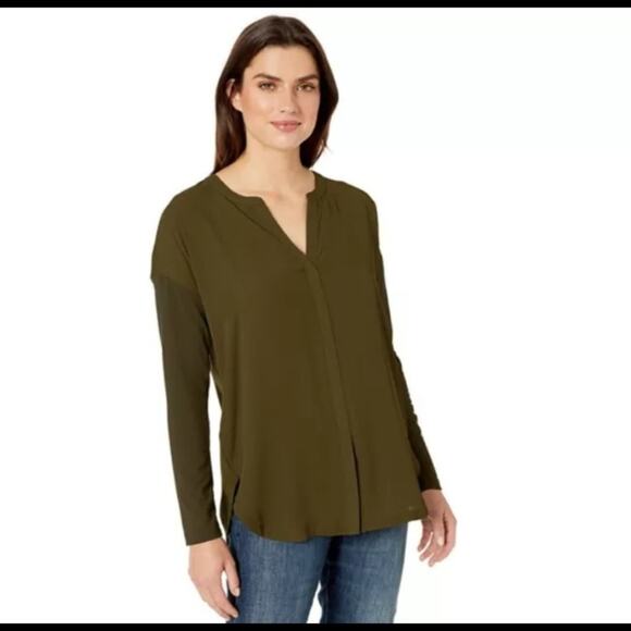 Lysse Millie Top Size‎ S Womens Olive Green Tunic Blouse V Neck Chiffon Knit Mix - Picture 1 of 11